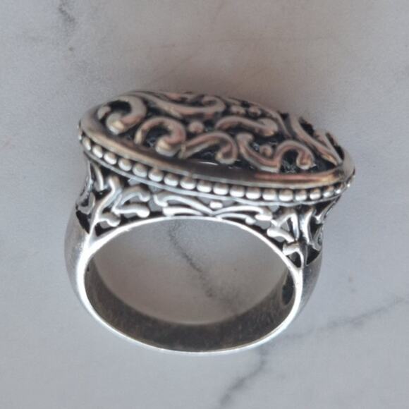 Sterling Silver Open Filigree Sideways Beaded Scroll Ring 7.25 womens vintage - Picture 5 of 7